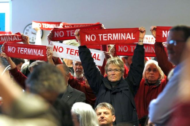 PORTLAND TRIBUNE: JONATHAN HOUSE - Protesters came out in force against the proposed project at the Port of Portland during the Planning and Sustainabiltiy hearings on it.